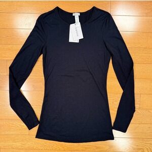 Hanro Women's Medium Ultralight Long Sleeve Shirt Black Mercerized Cotton Top
